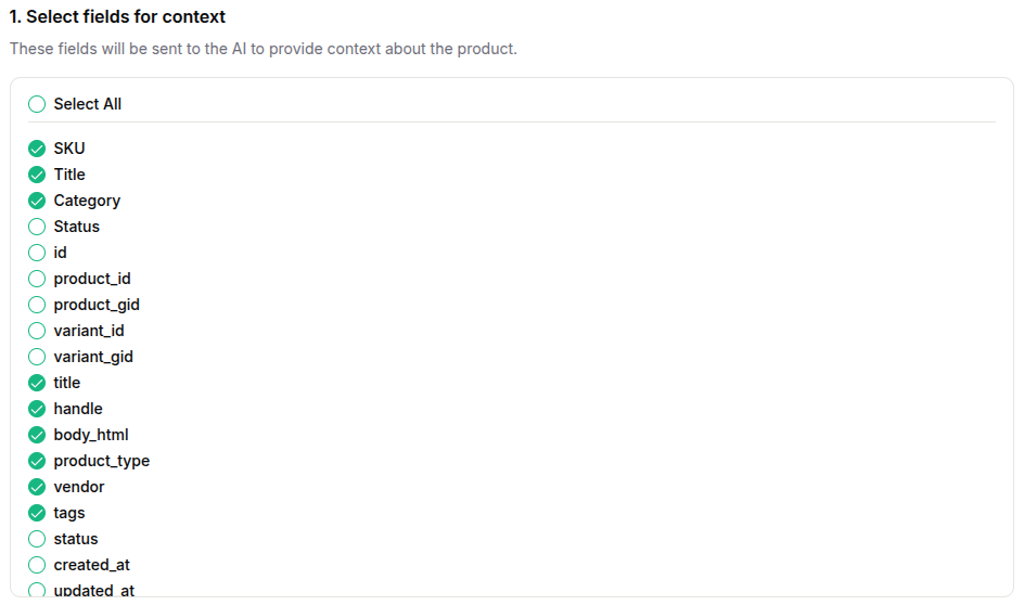 Select fields for context in PIMplify