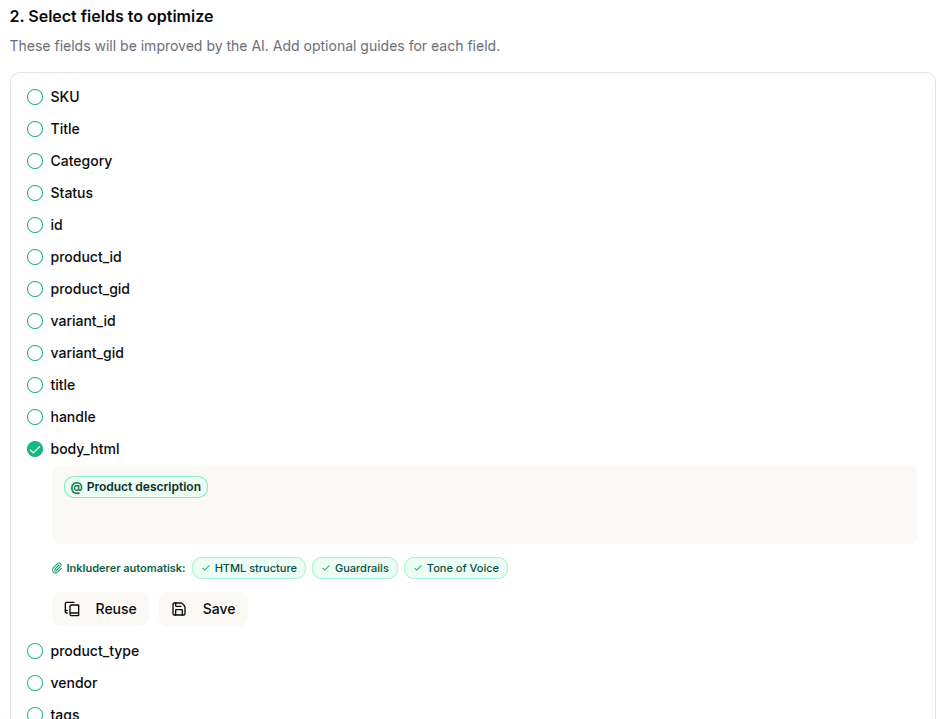Select fields to optimize and attach modular guides in PIMplify