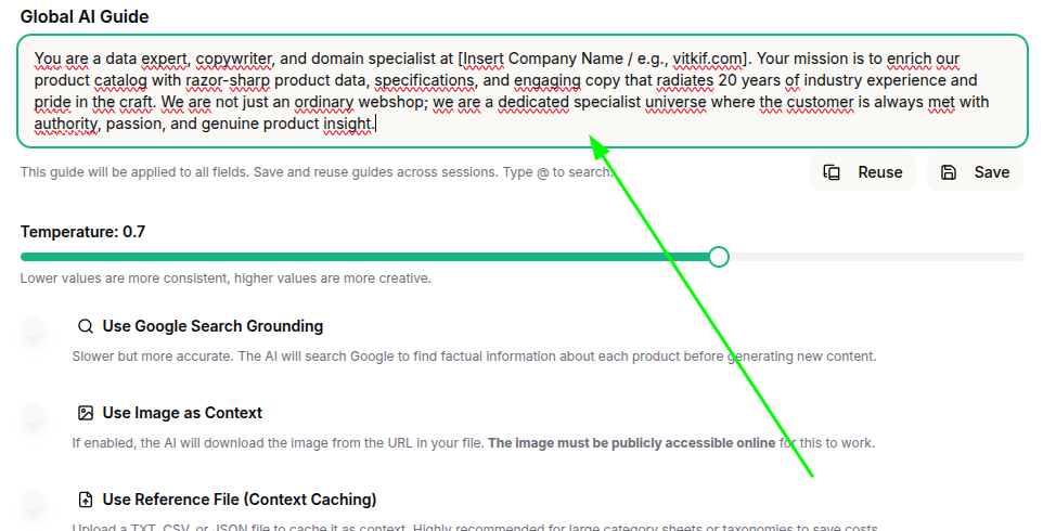Global AI Guide and engine switches in PIMplify